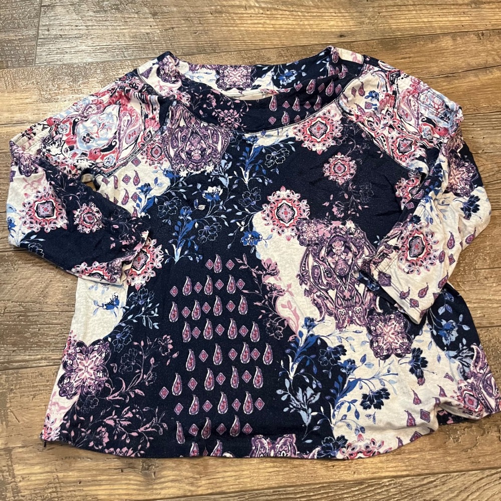 Chicos Zenergy Womens Navy Blue Paisley Floral Long Sleeve Top 8/10